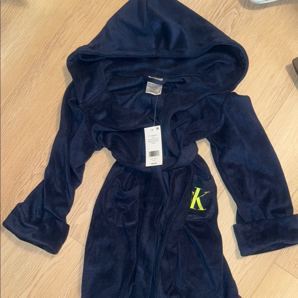 Calvin Klein Blue Hooded Pajama Robe Plush Velour